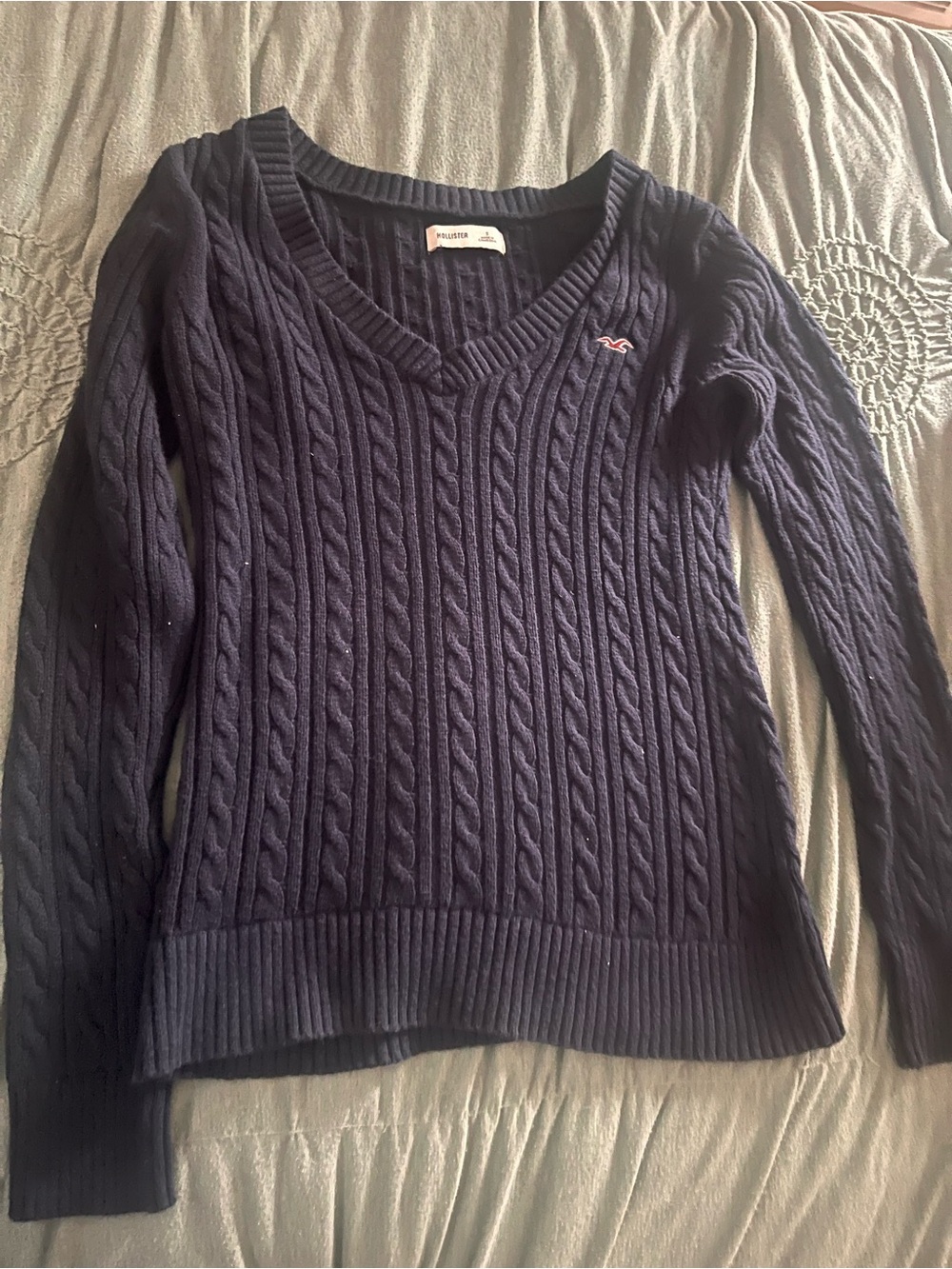Hollister Navy Cable-Knit V-Neck Sweater with Pink Logo